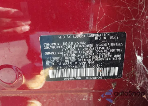 2020 Subaru Forester Premium z USA, uszkodzony, nr VIN JF2SKAJC9LH418923